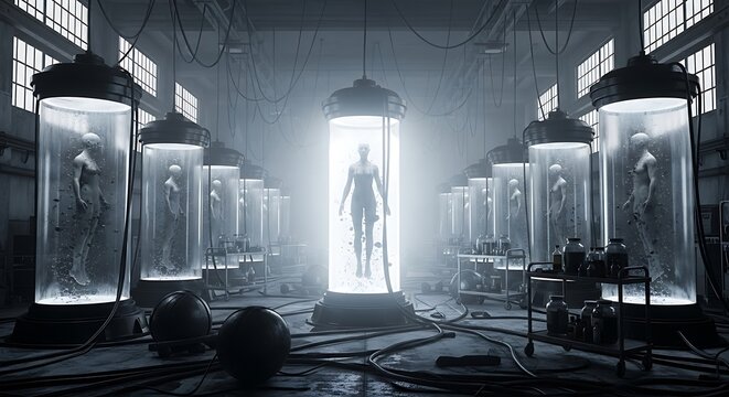 Futuristic Laboratory with Human Clones in Cryogenic Liquid Storage Tanks 