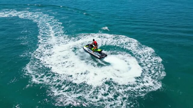 Jet ski turning on water, creating circular pattern from aerial view, person enjoying summer activity on bright sunny day