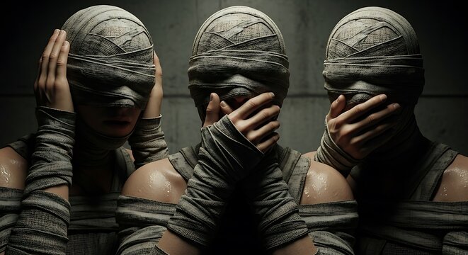 Three People with Bandaged Heads Representing Hear No Evil See No Evil Speak No Evil 