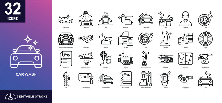 Car wash line icon set