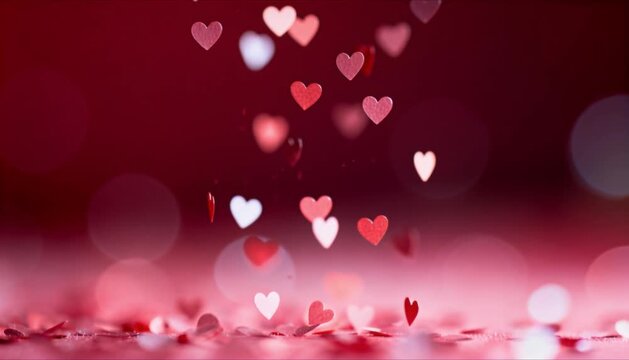 Dozens of tiny floating heart particles drifting slowly upward in deep ruby red and blush pink with parallax motion for valentines day and romantic dreamlike background