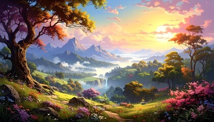 Lush landscape with valley, mountains, and trees bathed in a vibrant sunrise. A winding path leads into the misty distance