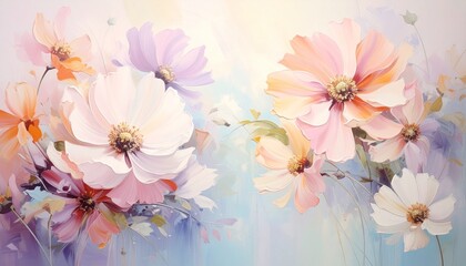 Beautiful floral watercolor painting with delicate pastel-colored blossoms and soft light