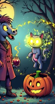 halloween, calabaza, oto&ntilde;al, dibujos animados, ilustraci&oacute;n, luna, noche, vacaciones, vector, bruja, bate, horror, felinos, asustadizo, octubre, celebraciones, &aacute;rbol, anaranjada, moreno, negro, alarman