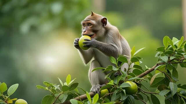 Monkey Eating Fruit on a Tree Branch in a Lush Forest Setting.