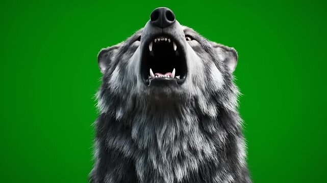 Intense frontal close-up of a powerful gray wolf howling with an open mouth, capturing its primal aggression and wild spirit against a vibrant green screen for easy compositing in dynamic projects