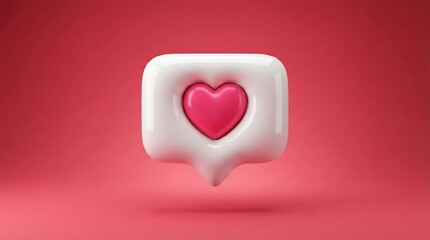 3D rendered white speech bubble with a pink heart inside, symbolizing a social media like or love notification, against a vibrant pink background.