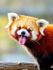Obraz premium Funny red panda with tongue out, a cute mammal from the Himalayas, with reddish fur and a long bushy tail, animal portrait, wild animal