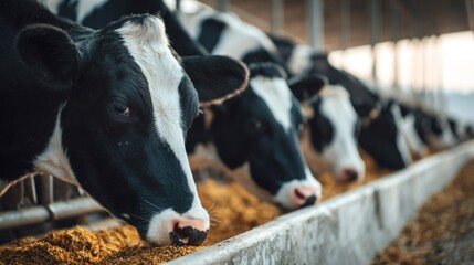 A group of cows eating hay in a barn.