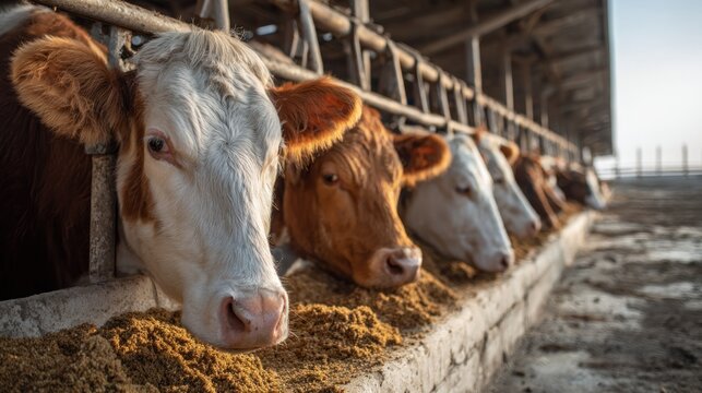 A row of cows eating from a trough in a barn.