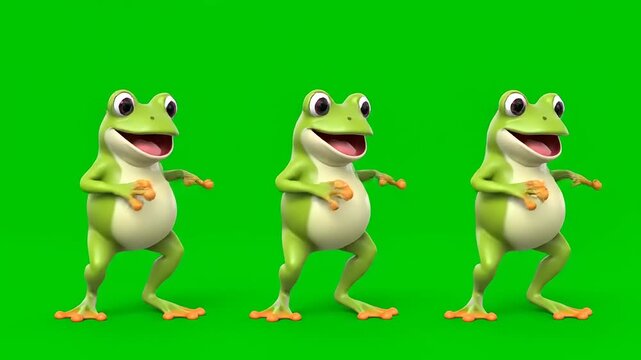Three cheerful cartoon frogs dancing in unison against a vibrant green background, embodying joy and playful movement
