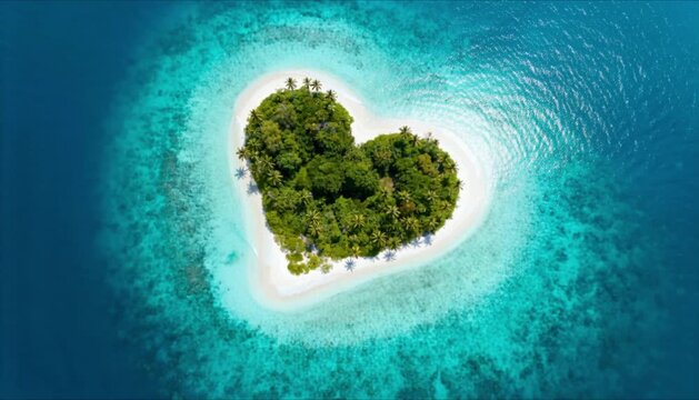 Aerial view of heart shaped island in turquoise ocean tropical paradise for valentines day and romantic luxury travel destination background