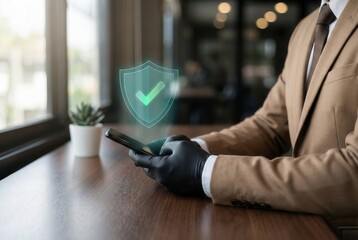 Secure Connection: A well-dressed individual, impeccably gloved, engages with a smartphone, an illuminated shield overlay symbolizing robust digital security and secure connectivity. 