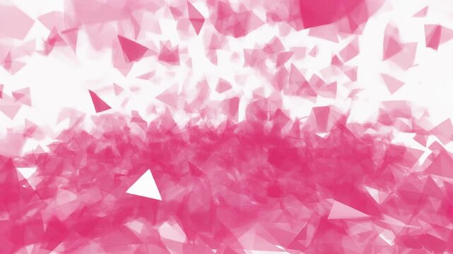 Abstract pink and magenta translucent triangle fragments falling on white background.