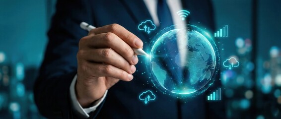 Global Network Connection: The image captures a person's interaction with a digital projection of Earth, highlighting the intricate connections of global network.