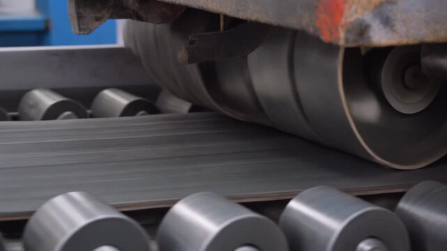 Industrial metal manufacturing process with rollers and machinery.