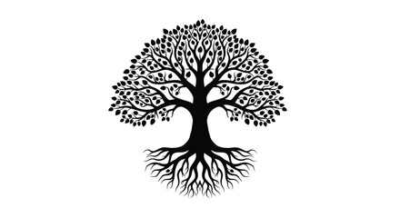 Detailed silhouette of a tree with expansive foliage and visible root system