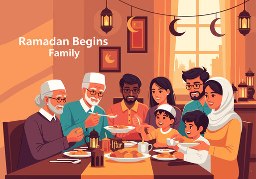 A warm illustration depicting a family breaking their fast during Ramadan. Ideal for conveying themes of togetherness, tradition, and celebration duri