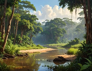 Lush rainforest scene, a river winding through vibrant green foliage under a sunny sky with soft clouds and light