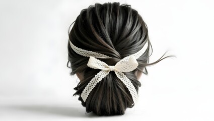  Back view of a woman&rsquo;s dark hair tied in a neat bun with a white ribbon, elegant and stylish for beauty or fashion visuals.