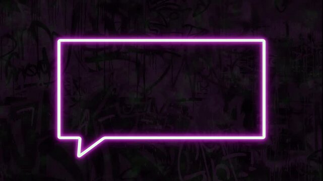 A seamless purple speech bubble neon frame effects and graffiti wall featuring centered copy space, representing urban street style and neon inspired visuals.