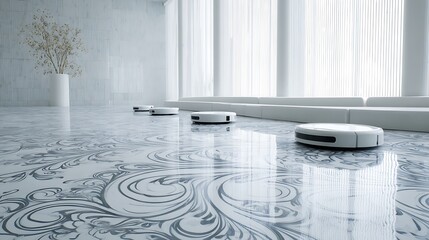 Modern minimalist living room with robotic vacuum cleaners on patterned marble floor white couch and natural light