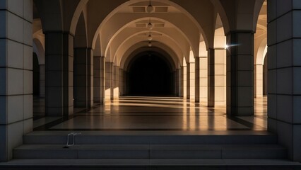 Majestic arched corridor with warm golden light and video game character