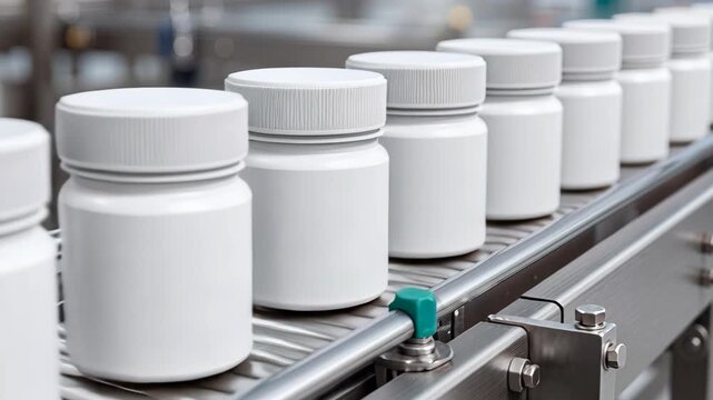 Rows of identical white plastic bottles with white caps move along a conveyor belt in a manufacturing facility.