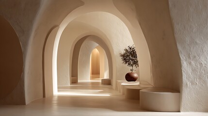 Serene minimalist arched hallway with soft lighting potted plant and curved benches in a modern architectural space
