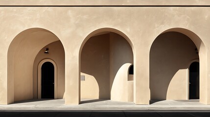Minimalist building facade with three arched entrances soft beige walls and subtle natural lighting creating a serene architectural atmosphere