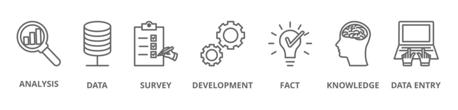 Research banner icon with analysis, data, survey, development, fact, knowledge, data entry