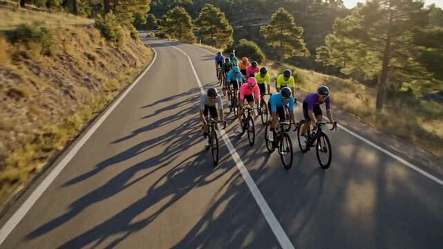 Group of professional cyclists in colorful jerseys riding fast along winding mountain road during sunset training session on asphalt