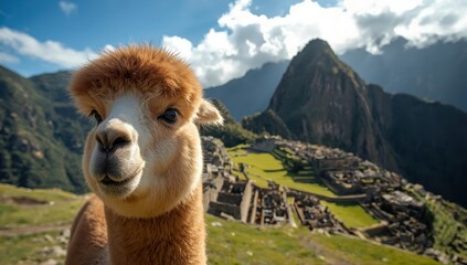 Obraz premium Llama on a mountain in Machu Picchu, Peru