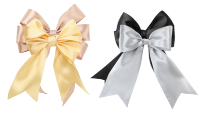 collection of two exquisite satin ribbon bows, one in champagne and soft yellow, the other in black and silver, isolated on a transparent background for versatile design use.