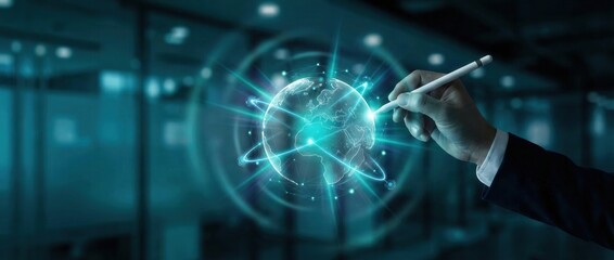 Global Connections: A hand interacting with an illuminated globe, symbolizing global connections and technology's influence on the world.