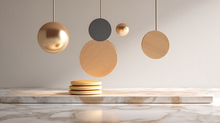 Suspended pancakes in various sizes and colors floating above a marble countertop in a minimalist kitchen setting with soft natural lighting and a stack of pancakes on the surface