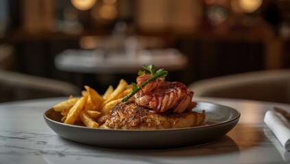 London, UK, Sept 1, 2025, Chicken with Leek and Bacon dish, served with chips, no people present