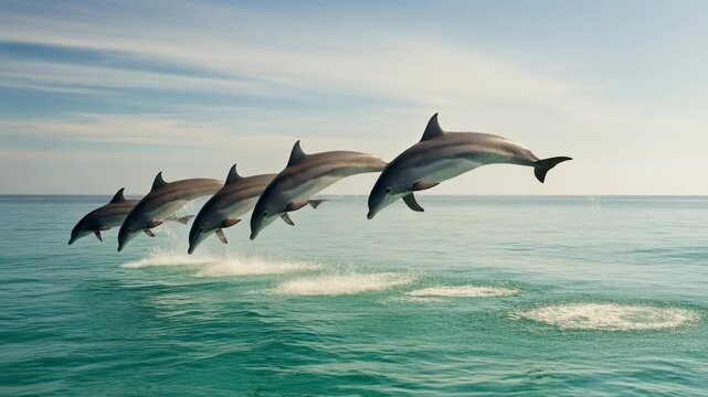 A Pod of Graceful Dolphins Jumping in Sequence Over the Ocean.