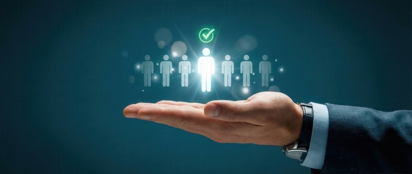 Hand Holding Employee Selection: A corporate leader extends their hand, cradling a luminous representation of an ideal employee with a green checkmark indicating successful selection.