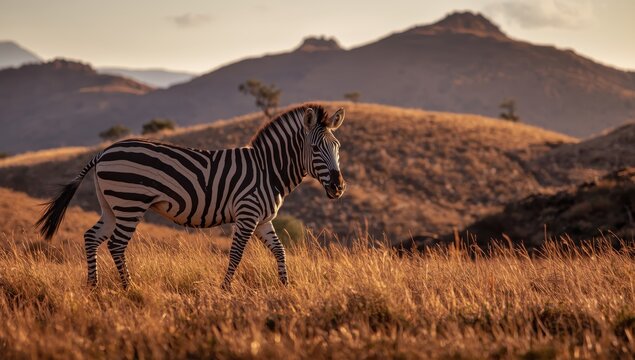 Lone zebra exploring South African mountains during sunset on a Big Five safari