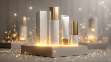 Luxurious white cosmetic bottles with gold caps on modern display platform with sparkling lights and soft focus background