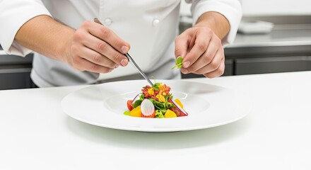A chef's hands garnishing a plate of colorful salad with fresh vegetables.