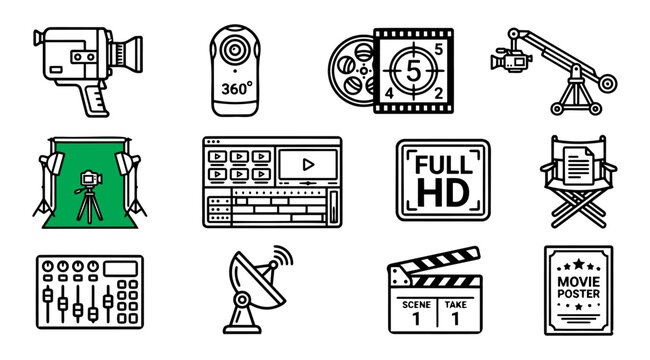 Film Production, Video Editing, and Studio Equipment Line Icon Set