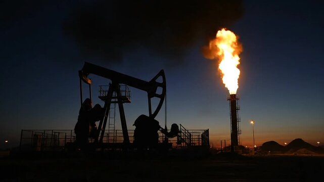 Oil rigs under attack in Venezuela, South America at dusk with pumpjacks and flaring