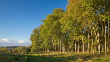 Lovely scenery of towering trees and trails. Bright day. Wilderness