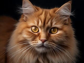 Close-up Portrait of a Majestic Fluffy Orange Tabby Cat with Striking Yellow Eyes Against a Dark Background