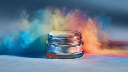 Colorful powder exploding from a metallic tin container on a gray surface with vibrant blue yellow and orange smoke