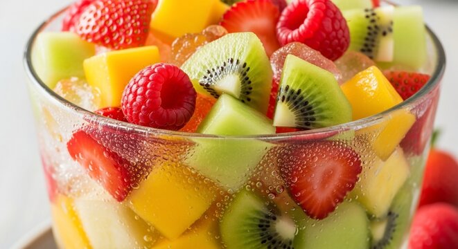 Fresh fruit salad in glass bowl refreshing summer dessert close up