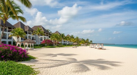Obraz premium A serene beach scene with palm trees, white sand, and a clear blue sky.