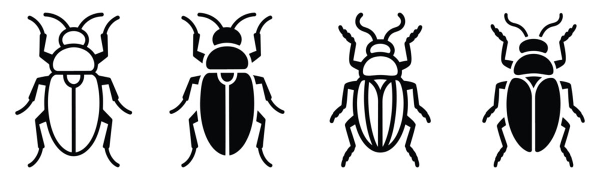 Collection of four detailed black and white vector illustrations of various beetle insects.